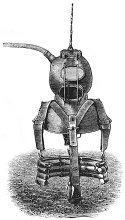 Die Gartenlaube (1862) b 797 2.jpg Taucherhelm mit Reitreifen und Taucherballast