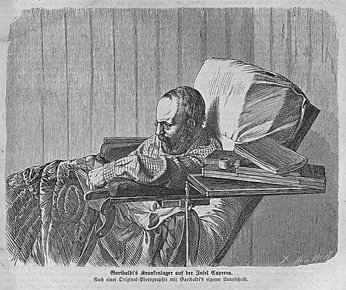 Die Gartenlaube (1863) b 237.jpg Garibaldis Krankenlager auf der Insel Caprera