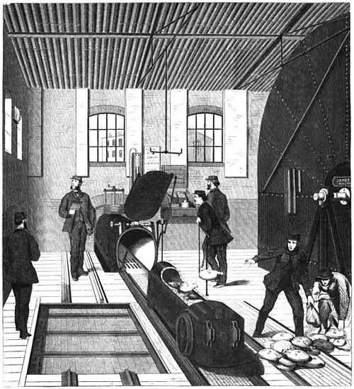 Die Gartenlaube (1864) b 197.jpg Abgang des pneumatischen Depeschenzuges von der Hauptstation auf dem Bahnhofe von Euston-Road in London Originalzeichnung unseres Londoner Specialartisten