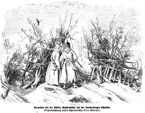 Die Gartenlaube (1864) b 217.jpg Vorposten bei der Nübler Wassermühle auf der Sonderburger Chaussee Originalzeichnung unsers Specialartisten Otto Günther