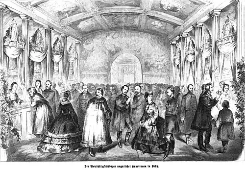 Die Gartenlaube (1864) b 285.jpg Der Wohlthätigkeitsbazar ungarischer Hausfrauen in Pesth (S)