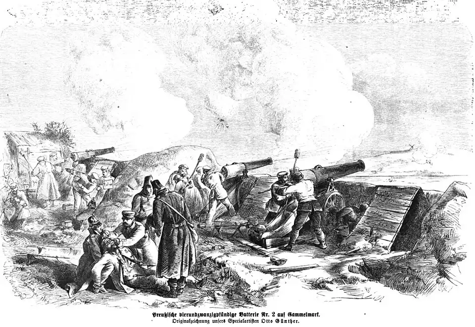 Die Gartenlaube (1864) b 293.jpg Preußische vierundzwanzigpfündige Batterie Nr. 2 auf Gammelmark Originalzeichnung unsers Specialartisten Otto Günther (S)
