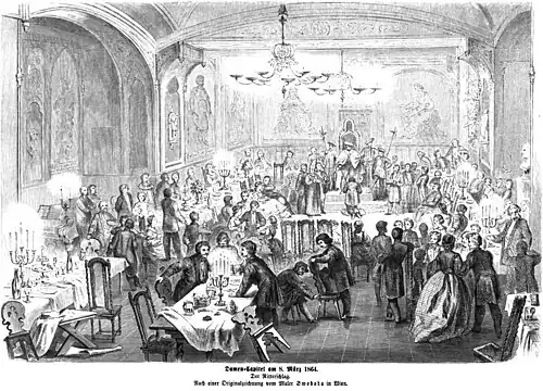 Die Gartenlaube (1864) b 349.jpg Damen-Capitel am 8. März 1864. Der Ritterschlag Nach einer Originalzeichnung von Maler Swoboda in Wien (S)