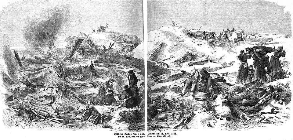 Die Gartenlaube (1864) b 380.jpg Düppeler Schanze Nr. 2 nach dem Sturme am 18. April 1864 Am 18. April nach der Natur gezeichnet von Otto Günther