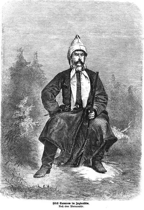 Die Gartenlaube (1864) b 413.jpg Fürst Suwarow im Jagdcostüm Nach einer Photographie
