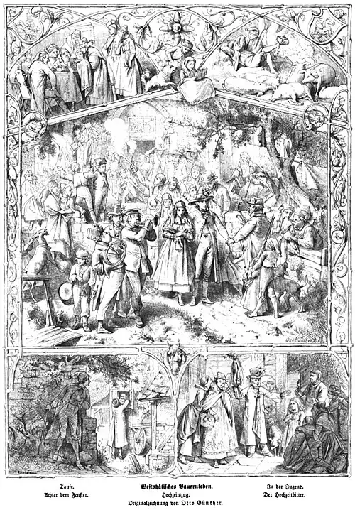 Die Gartenlaube (1864) b 501.jpg Westphälisches Bauernleben Originalzeichnung von Otto Günther (S)