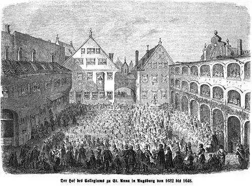 Die Gartenlaube (1864) b 509.jpg Der Hof des Collegiums zu St. Anna in Augsburg von 1632 bis 1648