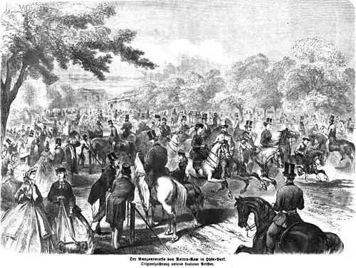 Die Gartenlaube (1864) b 709.jpg Der Amazonencorso von Rotten-Row im Hyde-Park Originalzeichnung unseres Londoner Artisten (S)