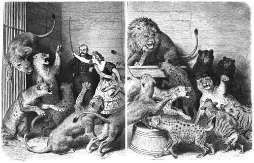 Die Gartenlaube (1864) b 828.jpg Die junge Schwedin mit ihren Schülern in Kreutzberg’s Menagerie Nach der Natur gezeichnet von H. Leutemann (D)