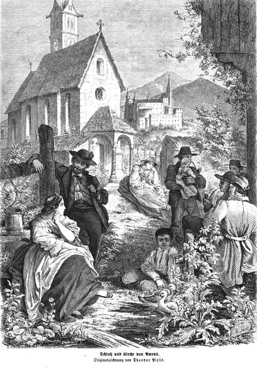 Die Gartenlaube (1865) b 165.jpg (S) Schloß und Kirche von Amras Originalzeichnung von Theodor Pixis