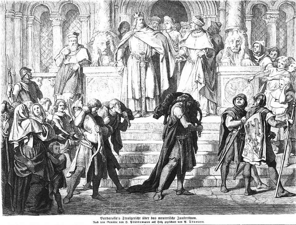 Die Gartenlaube (1865) b 213.jpg (S) Barbarossa’s Strafgericht über das meuterische Junkerthum Nach dem Gemälde von H. Plüddemann auf Holz gezeichnet von P. Thumann