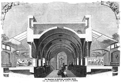 Die Gartenlaube (1865) b 389.jpg (S) Das Aquarium im Hamburger zoologischen Garten Nach einer Originalzeichnung von M. Haller in Hamburg