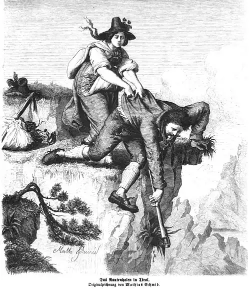 Die Gartenlaube (1865) b 493.jpg Das Rautenholen in Tirol Originalzeichnung von Mathias Schmid