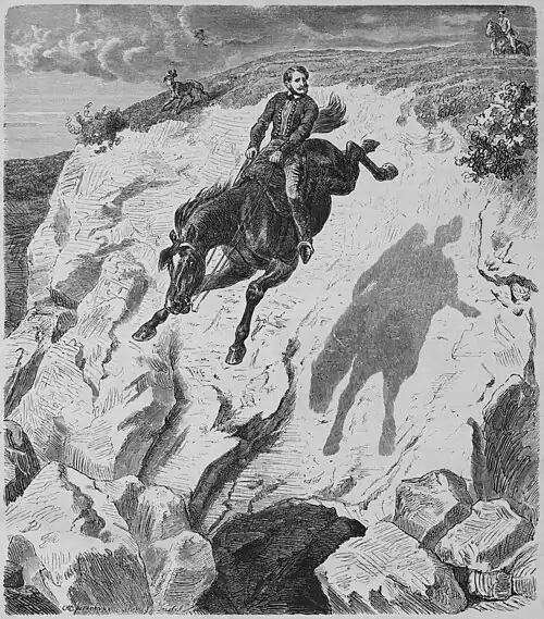 Die Gartenlaube (1866) b 025.jpg Sándor’s unfreiwilliger Ritt in den Steinbruch bei Bia.