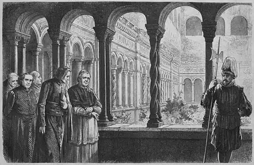 Die Gartenlaube (1866) b 149.jpg (S) Abbé Liszt mit Pius dem Neunten. und Cardinal Antonelli im Kreuzgang der Laterankirche zu Rom. Originalzeichnung von Paul Thumann.