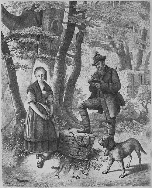 Die Gartenlaube (1866) b 213.jpg Die Waldbuße. Originalzeichnung von Prof. Thon in Weimar.