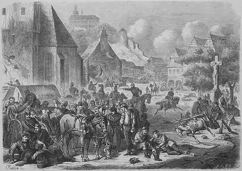 Die Gartenlaube (1866) b 565.jpg (S) Ring und Schloß von Nachod am 28. Juni 1866. Nach der Natur gezeichnet von D. Rechlin Sohn.