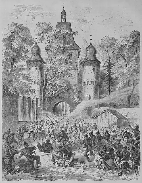 Die Gartenlaube (1866) b 589.jpg Kampf am Herstaller Thor in Aschaffenburg. Originalzeichnung von W. A. Beer.