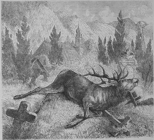 Die Gartenlaube (1866) b 669.jpg Das Jagdopfer auf dem Friedhofe. Nach der Natur gezeichnet von Guido Hammer.