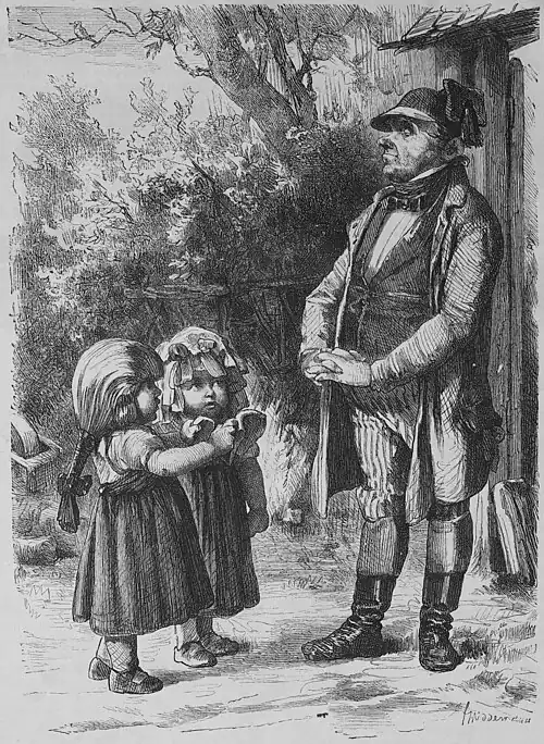 Die Gartenlaube (1866) b 725.jpg Bräsig, Lina und Minna. Aus den Originalzeichnungen zu Reuter’s Werken von F. Hiddemann.