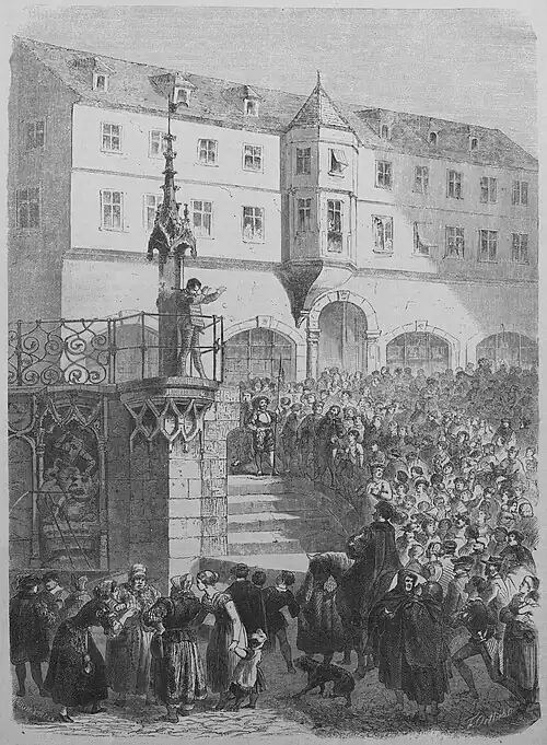 Die Gartenlaube (1867) b 037.jpg (S) Die Schandbühne in Schwäbisch-Hall. Originalzeichnung von Friedrich Ortlieb.