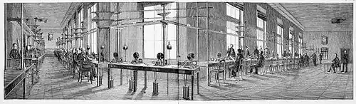 Die Gartenlaube (1867) b 060.jpg (D) Der Apparatsaal in der Central-Telegraphenstation zu Berlin.