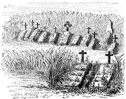 Die Gartenlaube (1867) b 748 5.jpg Gräber im Kornfelde auf der Höhe hinter der Kirche zu Chlum den 3. Juli 1867.