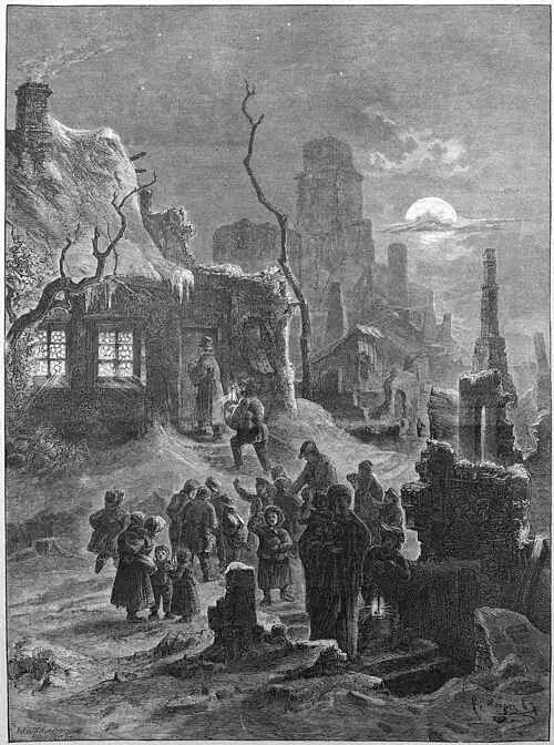 Die Gartenlaube (1867) b 805.jpg (S) Wie sich die Gartenlaube das Christfest der Kinder in Johann-Georgenstadt denkt. Nach Motiven von der Brandstätte gezeichnet von C. Heyn.
