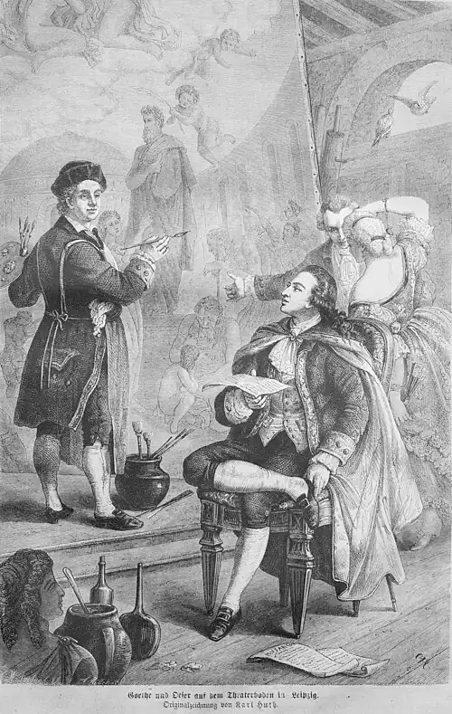 Die Gartenlaube (1868) b 133.jpg Goethe und Oeser auf dem Theaterboden in Leipzig. Originalzeichnung von Karl Huth (S)
