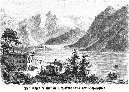 Die Gartenlaube (1868) b 453 1.jpg Der Achensee mit dem Wirthshaus der Scholastica