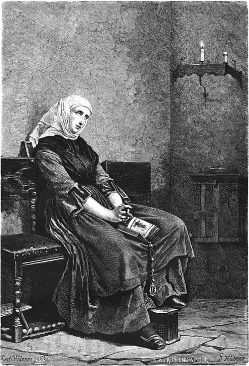 Die Gartenlaube (1868) b 461.jpg Auf der letzten Bank im Gotteshaus. Nach dem Originalgemälde von Carl Hübner in Düsseldorf für die Gartenlaube auf Holz gezeichnet von J. Hübner