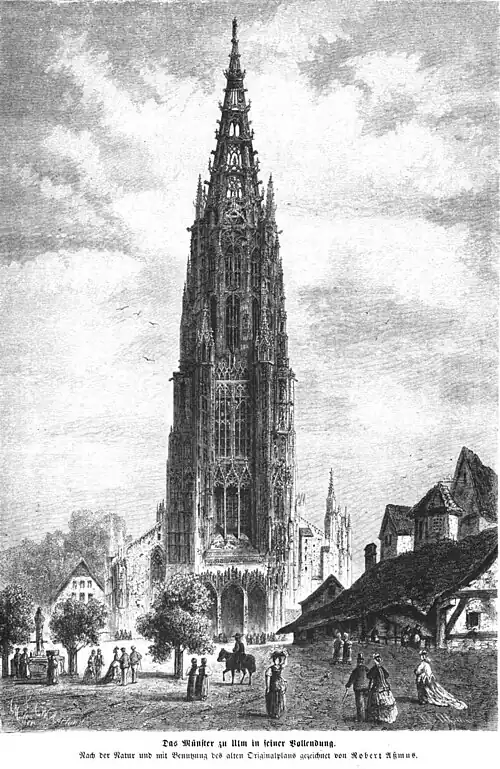 Die Gartenlaube (1868) b 533.jpg Das Münster zu Ulm in seiner Vollendung. Nach der Natur und mit Benutzung des alten Originalplans gezeichnet von Robert Aßmus (S)