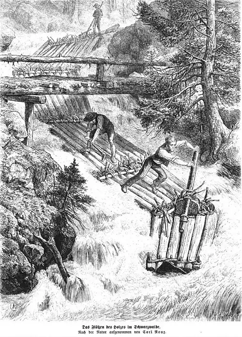 Die Gartenlaube (1868) b 781.jpg Das Flößen des Holzes im Schwarzwalde. Nach der Natur aufgenommen von Carl Roux