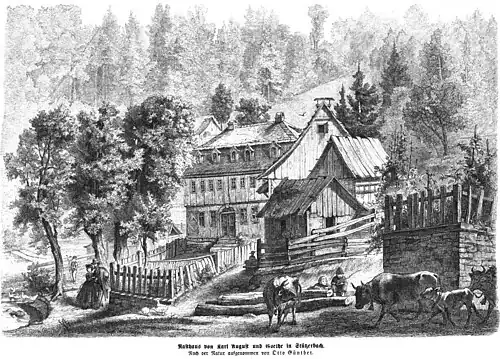 Die Gartenlaube (1868) b 821.jpg Rasthaus von Karl August und Goethe in Stützerbad. Nach der Natur aufgenommen von Otto Günther (S)