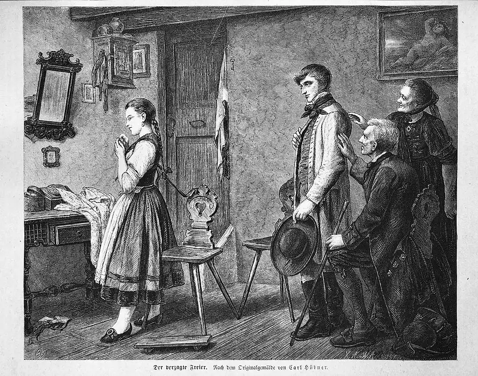 Die Gartenlaube (1869) b 157.jpg Der verzagte Freier. Nach dem Originalgemälde von Carl Hübner (S)