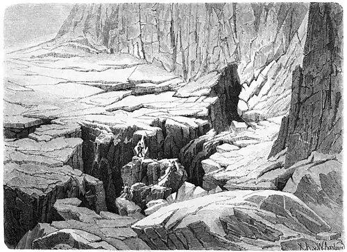 Die Gartenlaube (1869) b 268 2.jpg Uebergang über die Löfflerkluft. Nach der Natur aufgenommen von J. v. T.