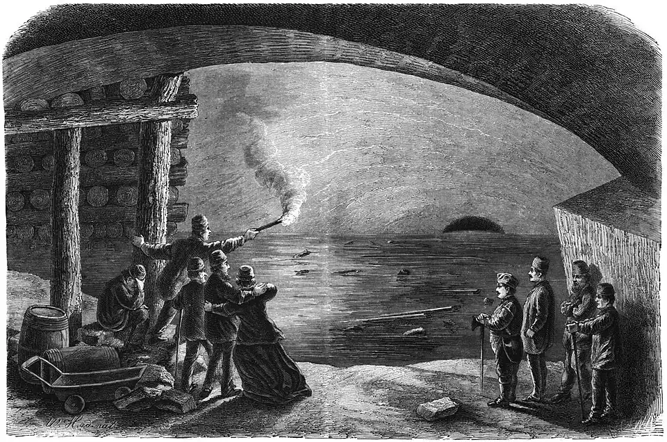 Die Gartenlaube (1869) b 277.jpg An der überschwemmten Strecke (Horizont) Austria in Wieliczka. Nach der Natur aufgenommen von W. H. (S)
