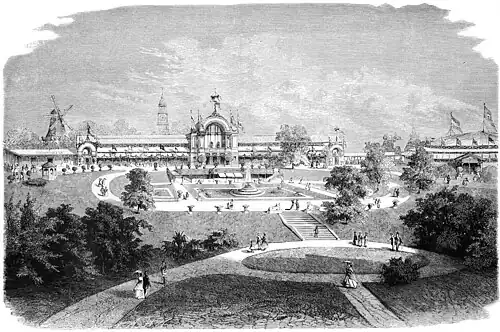 Die Gartenlaube (1869) b 453.jpg Projectirte Bauten und Anlagen der internationalen Gartenbau-Ausstellung in Hamburg Nr. 2: Ausstellungsgebäude (S)