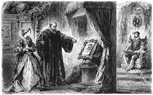 Die Gartenlaube (1869) b 751 1.jpg Fig. 3. Nostradamus zeigt Katharina von Medici das Spiegelbild des ersten Bourbonenkönigs