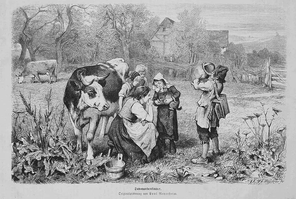 Die Gartenlaube (1869) b 815.jpg Savoyardenkinder. Originalzeichnung von Paul Meyerheim (S)