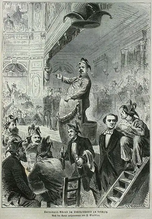 Die Gartenlaube (1870) b 109.jpg Carnevals-Abend im Schützenhause zu Leipzig Nach der Natur aufgenommen von F. Waibler(S)