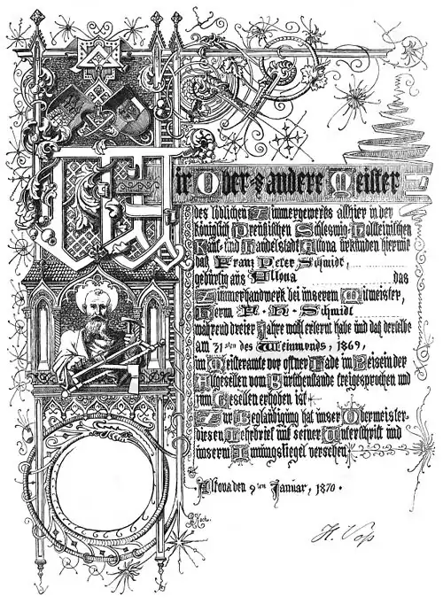 Die Gartenlaube (1870) b 181.jpg Ein Lehrbrief des Altonaer Zimmergewerks (S)