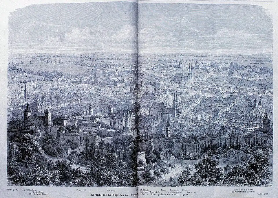 Die Gartenlaube (1870) b 460.jpg Nürnberg aus der Vogelschau von Norden Nach der Natur gezeichnet von Adolf Eltzner (D)