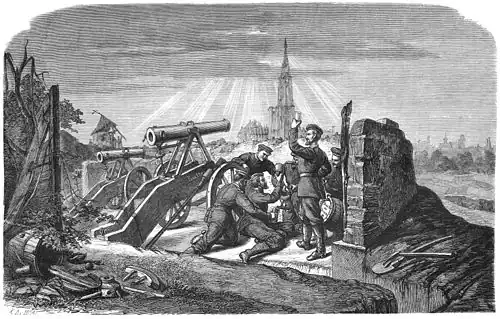 Die Gartenlaube (1870) b 653.jpg In der Schanze der Torgauer Festungsartillerie vor Straßburg Nach der Natur aufgenommen von R.Heck (S)