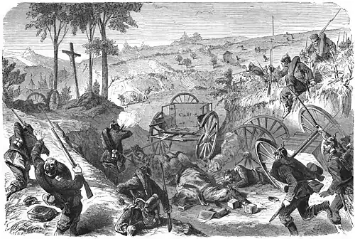 Die Gartenlaube (1870) b 685.jpg Das 105. Regiment im Hohlberg vor Daigny, bei Sedan Nach der Natur aufgenommen von unserem Specialartisten F. W. Heine (S)
