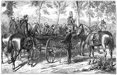 Die Gartenlaube (1870) b 721.jpg Erstes Begegnen des Grafen Bismarck mit Napoleon auf der Chaussee von Sedan nach Donchery Nach einer Skizze und genauen Mittheilung des der Kanzlei attachirten Dr. Moritz Busch, von Prof. Camphausen (S)