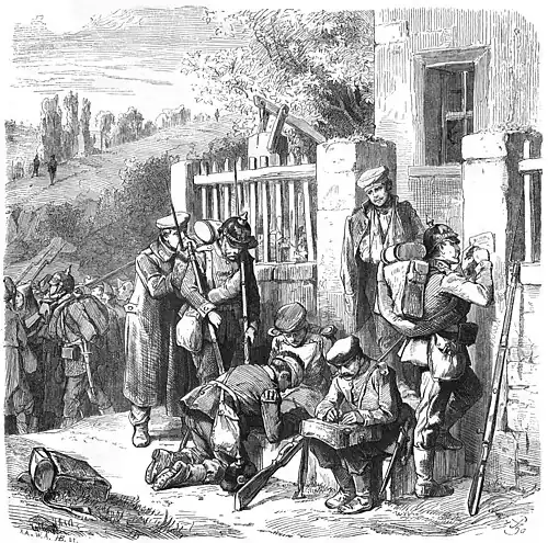 Die Gartenlaube (1870) b 749.jpg Wie unsere Leute draußen im Feld in die Heimath schreiben Auf der Landstraße nach Wörth aufgenommen von Prof. Thumann