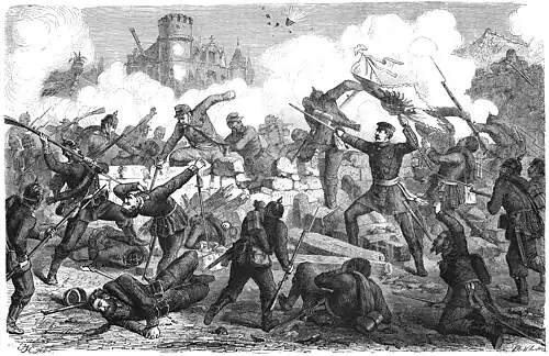 Die Gartenlaube (1870) b 864.jpg General von Budritzki nimmt, mit der Fahne in der Hand, die Barrikade vor le Bourget Originalzeichnung von unserem Feldmaler F. W. Heine (S)