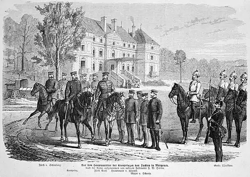 Die Gartenlaube (1871) b 033.jpg Vor dem Hauptquartier des Kronprinzen von Sachsen in Margency Nach der Natur aufgenommen von unserem Feldmaler F. W. Heine (S)