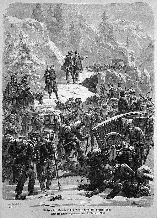 Die Gartenlaube (1871) b 220.jpg Rückzug der Bourbaki’schen Armee durch das Travers-Thal (S)